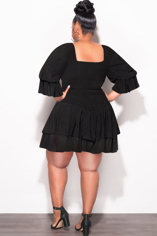 Final Sale Plus Size 2pc Set Off the Shoulder Crop Tie Top and Ruffle Layered Hem Mini Skirt in Black
