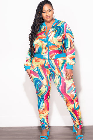 Final Sale Plus Size 2pc Cropped Satin Zip-Up Jacket and Pants Set in Multi Color Swirl Print