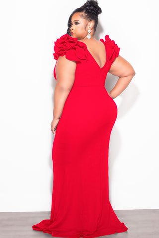Final Sale Plus Size Gown with Layered Sleeves in Solid Red (Non-Glitter Fabric)