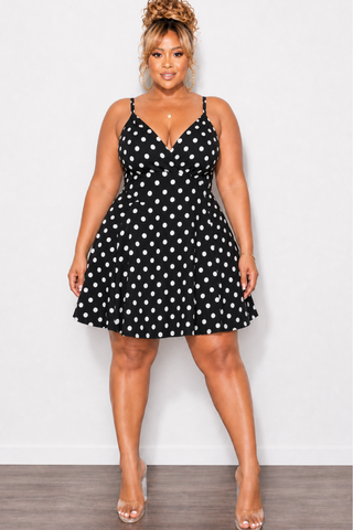 Final Sale Plus Size Spaghetti Strap Knit Crepe Dress in Black & White Polka Print