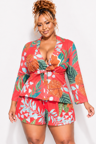 Final Sale Plus Size 2pc Drawstring Blazer and High Waist Shorts in Pink Multi Color Tropical Print