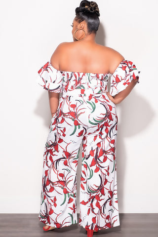 Final Sale Plus Size 2pc Set White & Red Flower Print With Crop Top & Matching High Rise Pants