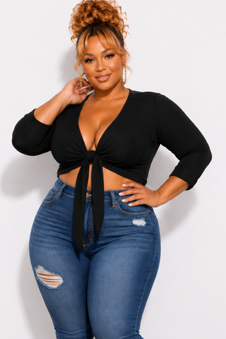 Final Sale Plus Size Textured Crop Tie Top in Black