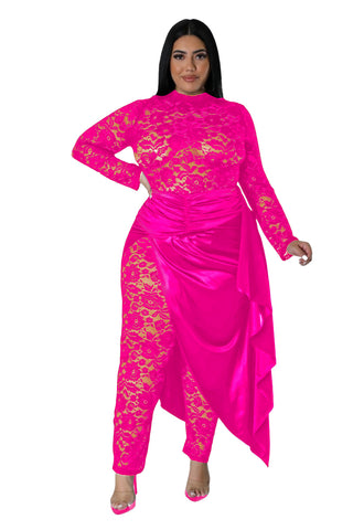 Final Sale Plus Size 2pc Lace Jumpsuit Set with Satin Skirt in Hot Pink