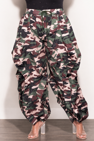 Final Sale Plus Size Wide Leg Drawstring Oversized Windbreaker Wavy Pants in Dark Camouflage Print