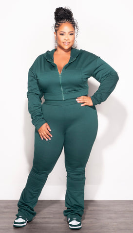 Final Sale Plus Size 2pc Hooded Crop Zip-Up Jacket and Pants Set in Green