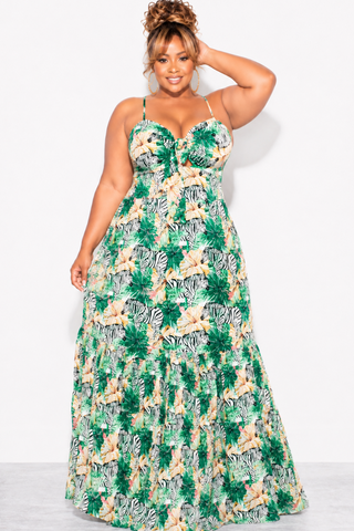 Final Sale Plus Size Tank Maxi Dress in Chiffon in Green with Zebra Print Summer