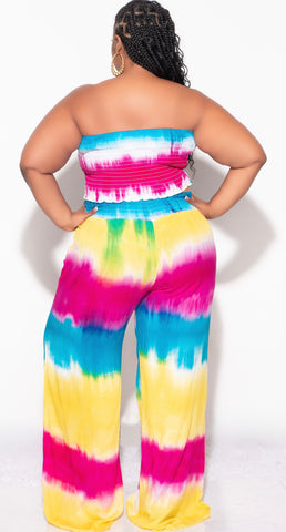 Final Sale Plus Size 2pc Strapless Frill Crop Top and Palazzo Pants Set Multi-Color Tie Dye Print