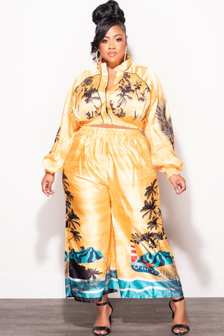 Final Sale Plus Size 2pc Satin Set with Crop Top and Culottes Pants in Mustard Palm Print