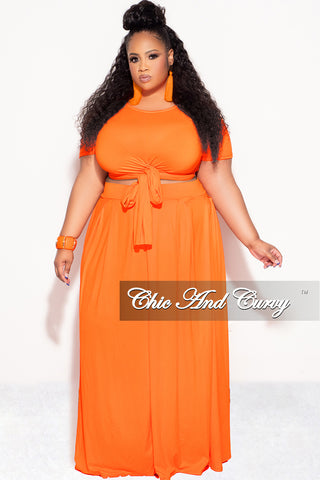 Final Sale Plus Size 2pc Short Sleeve Tie Top and Skirt Set in Orange