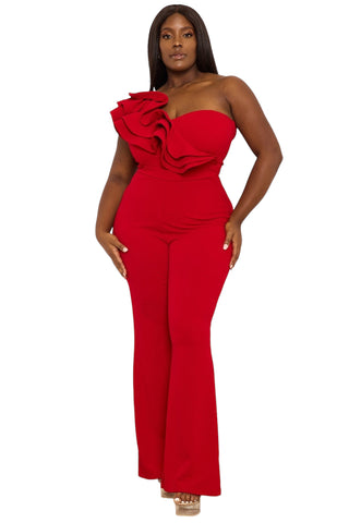 Final Sale Plus Size One Shoulder Ruffle Trim Jumpsuit in Red