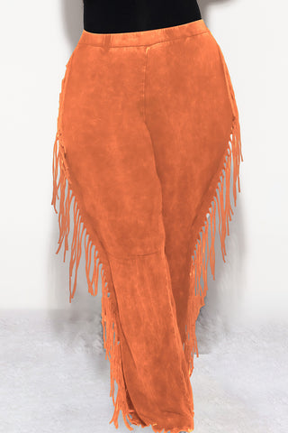 Final Sale Plus Size High Waist Fringe Trim Pants in Rust Acid Wash Print Jersey