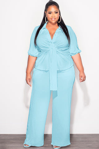 Final Sale Plus Size 2pc Button Up Collar Top and Pants Set in Aqua Linen