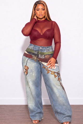 Final Sale Plus Size Printed Jeans With Flare Legs Belt & Starfish Print
