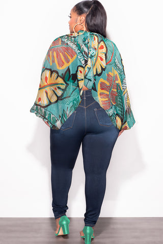 Final Sale Plus Size Sheer Balloon Sleeve Crop Top in Teal Multi Color Leaf Print