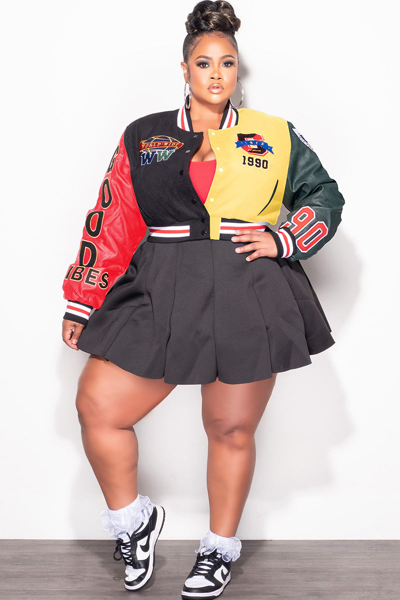 Final Sale Plus Size Cropped Varsity Jacket with Patches in Black, Red and Yellow