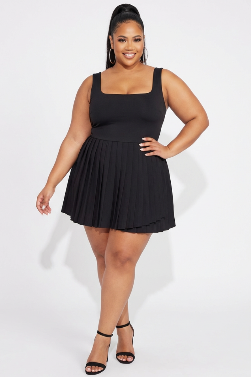 Final Sale Plus Size Tennis Pleated Mini Dress in Black