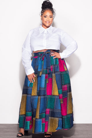 Final Sale Plus Size High Waist Maxi Skirt with Tie in Multi Color Print