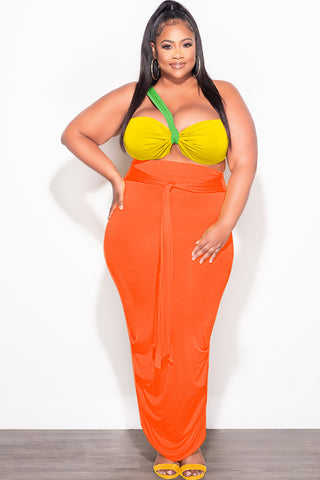 Final Sale Plus Size 2pc One Shoulder Twist Front Crop Top and Ruched Skirt in Green Yellow and Orange