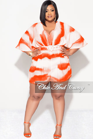 Final Sale Plus Size Chiffon Romper with Belt in Orange Print