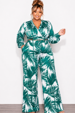 Final Sale Plus Size 2pc Crop Top & Palazzo Pant Set in Green Palm Print