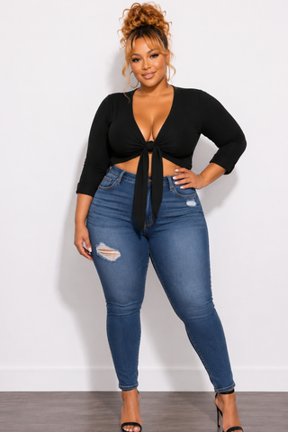 Final Sale Plus Size Textured Crop Tie Top in Black