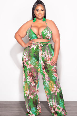 Final Sale Plus Size 3pc Set Mesh Bikini Top, Briefs & Pants in Green Tropical Print