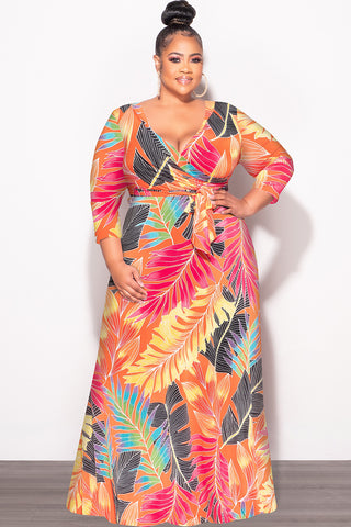 Final Sale Plus Size Deep V-Neck Faux Wrap Dress with 3/4 Sleeves in Orange Multi Leaf Print - 3x 22 Final Sale Plus Size Deep V-Neck Faux Wrap Dress with 3/4 Sleeves in Orange Multi Leaf Print - 3x 22