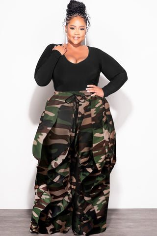 Final Sale Plus Size Wide Leg Drawstring Oversized Windbreaker Wavy Pants in Dark Camouflage Print