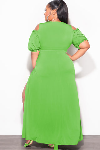 Final Sale Plus Size 2pc Faux Wrap Crop Tie Top And Double Slit Skirt Set in Lime