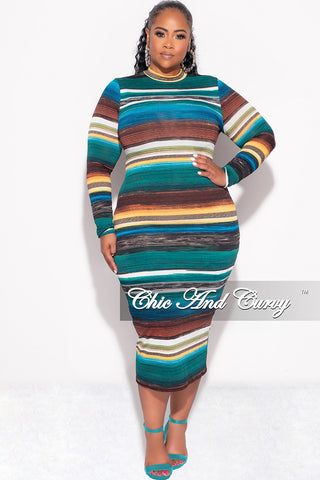 Final Sale Plus Size BodyCon Dress in Green Brown and Mustard Stripe Print