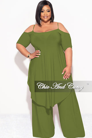 Final Sale Plus Size 2pc Cold Shoulder High Low Top and Wide Leg Pants in Olive