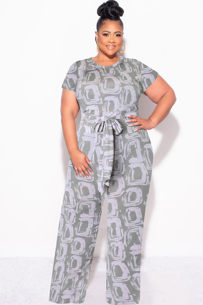 Final Sale Plus Size 2pc Crop Tie Top and Pants Set in Grey & Pink