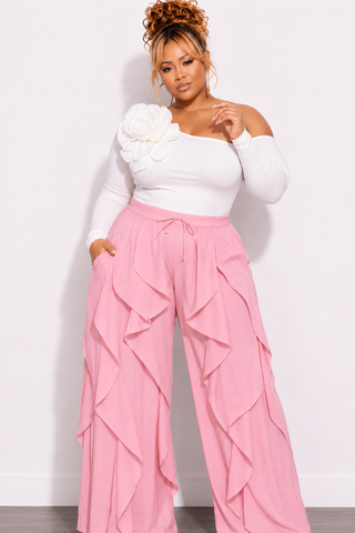 Final Sale Plus Size Wide Leg Drawstring Oversized Windbreaker Wavy Pants in Soft Pink