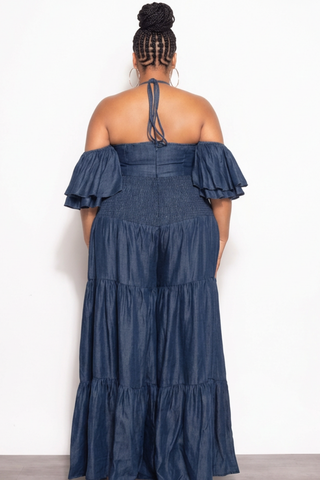 Final Sale Plus Size Spaghetti Strap Mini Ruffle Halter Jumpsuit in Dark Denim Chambray