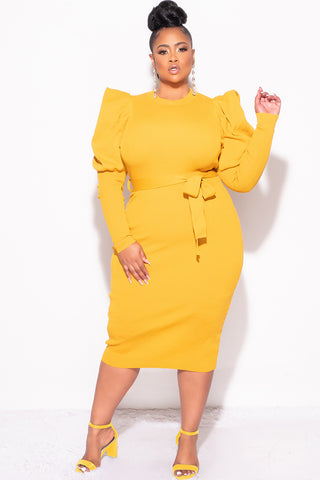 Final Sale Plus Size “Sonya Dress” - Puffy Sleeve Ribbed BodyCon Dress with Waist Tie in Mustard