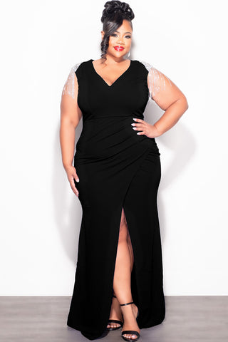 Final Sale Plus Size Deep V Rhinestone Fringe Shoulder With Maxi Dress in Black