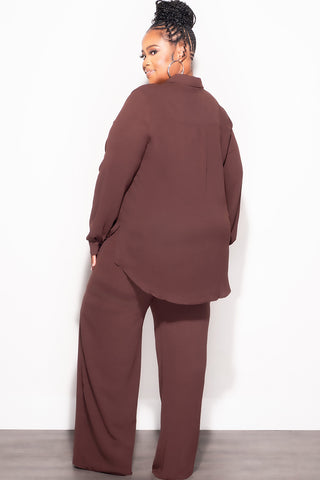 Final Sale Plus Size 2pc Oversized Button Up Collar Top and Pants Set in Dark Brown