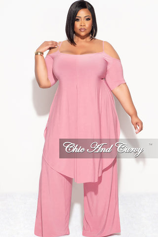 Final Sale Plus Size 2pc Cold Shoulder High low Top and Wide Leg Pants in Pink