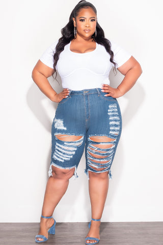Final Sale Plus Size Distress Bermuda Shorts in Dark Denim