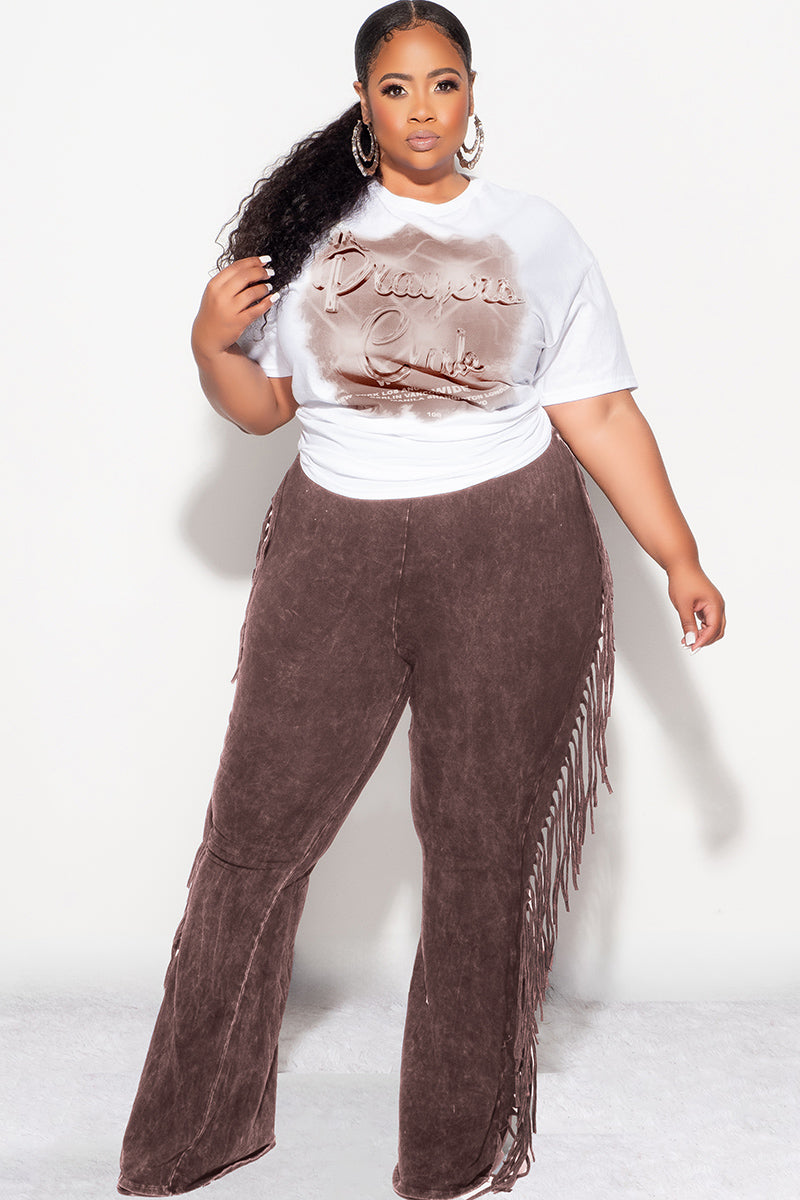 Final Sale Plus Size High Waist Fringe Trim Pants in Brown Acid Wash Print Jersey