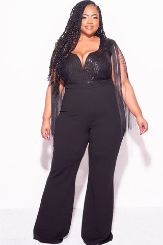 Final Sale Plus Size Fringe Shoulder Faux Wrap Sequin Jumpsuit Black