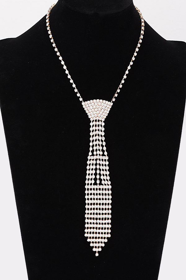Final Sale Silver Fancy Design Necktie Rhinestone Necklace