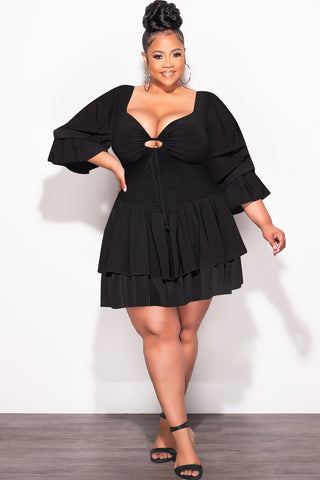 Final Sale Plus Size 2pc Set Off the Shoulder Crop Tie Top and Ruffle Layered Hem Mini Skirt in Black