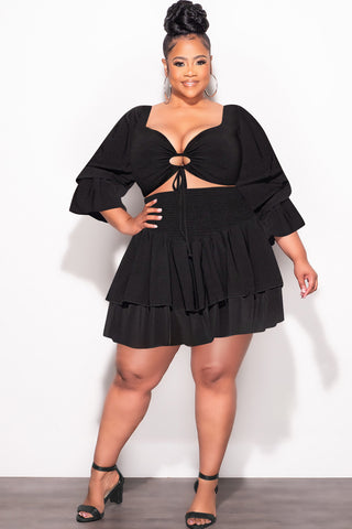 Final Sale Plus Size 2pc Set Off the Shoulder Crop Tie Top and Ruffle Layered Hem Mini Skirt in Black