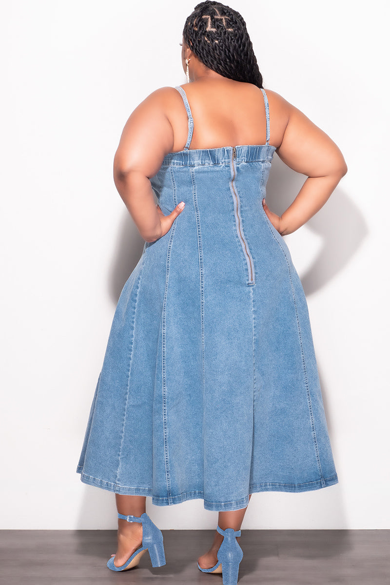 Final Sale Plus Size Spaghetti Strap Flare Dress in Denim – Chic And Curvy Final Sale Plus Size Spaghetti Strap Flare Dress in Denim – Chic And Curvy