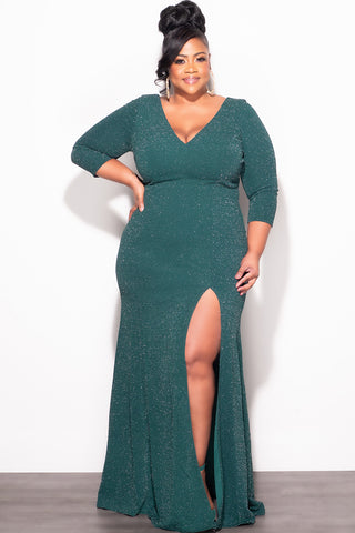 Final Sale Plus Size Shimmer Gown with Front Slit in Green