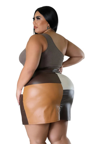 Final Sale Plus Size Colorblock Faux Leather Skirt in Brown, Camel and Tan (Skirt Only)