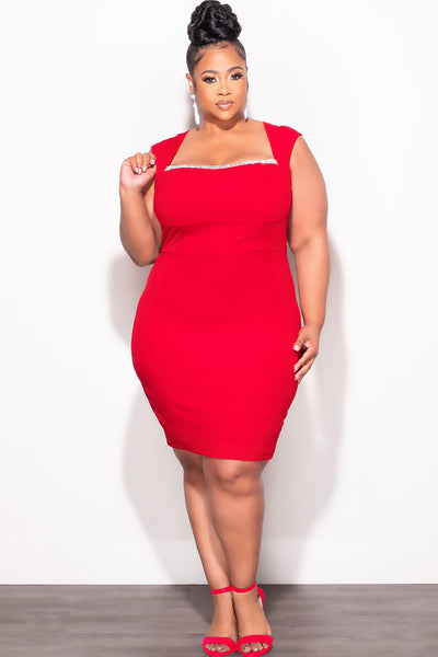 Final Sale Plus Size BodyCon Dress with Rhinestone Lined Bust and Wide Strap Mini Dress In Red