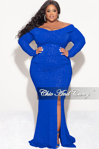 Final Sale Plus Size Glitter Off the Shoulder Gown with Slit in Royal Blue